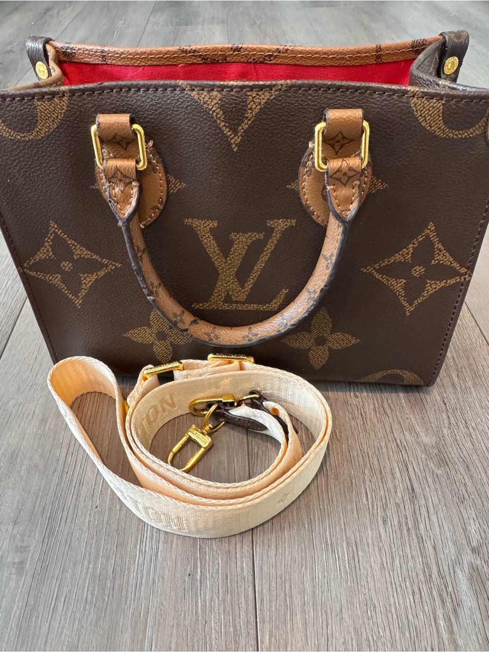 Monogram Canvas Satchel with Red Interior and Cream Strap